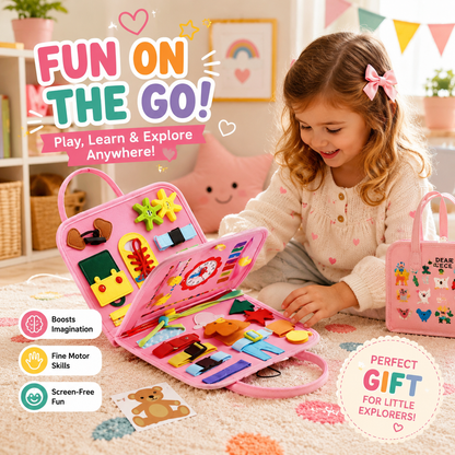 Child playing with a colorful toy book in a room with educational posters.