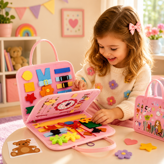 Child playing with a pink craft kit filled with colorful magnetic pieces in a bright room.