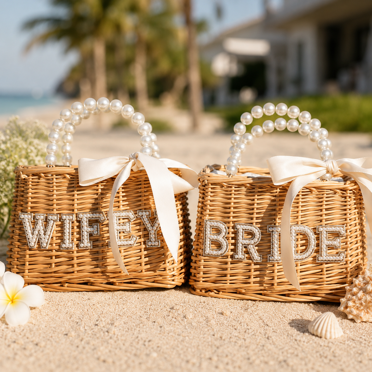 Two wicker baskets labeled 'Wifey' and 'Bride' on a sandy beach with palm trees and a building in the background.
