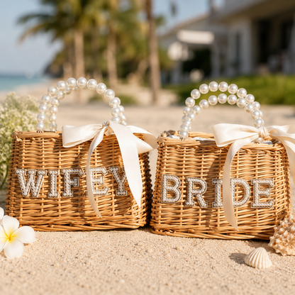 Two wicker baskets labeled 'Wifey' and 'Bride' on a sandy beach with palm trees and a building in the background.