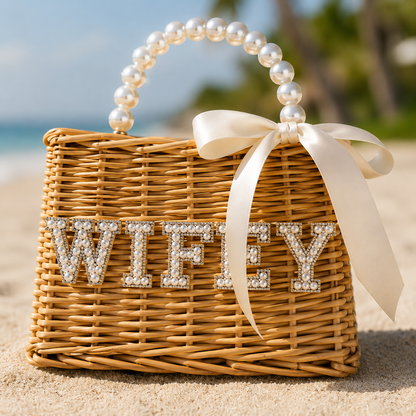 Wicker handbag with 'WIFEY' embellishments on a sandy surface