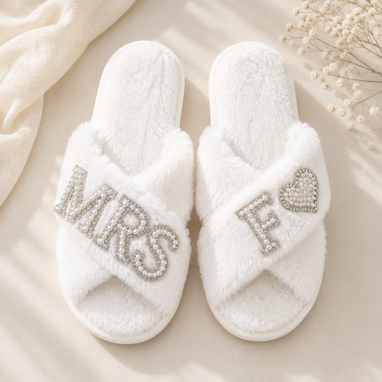 Personalised Bride Mrs Pearl Fluffy Slippers
