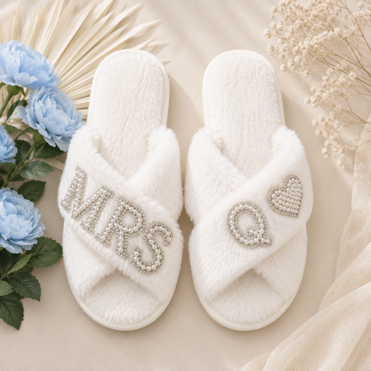 Personalised Bride Mrs Pearl Fluffy Slippers