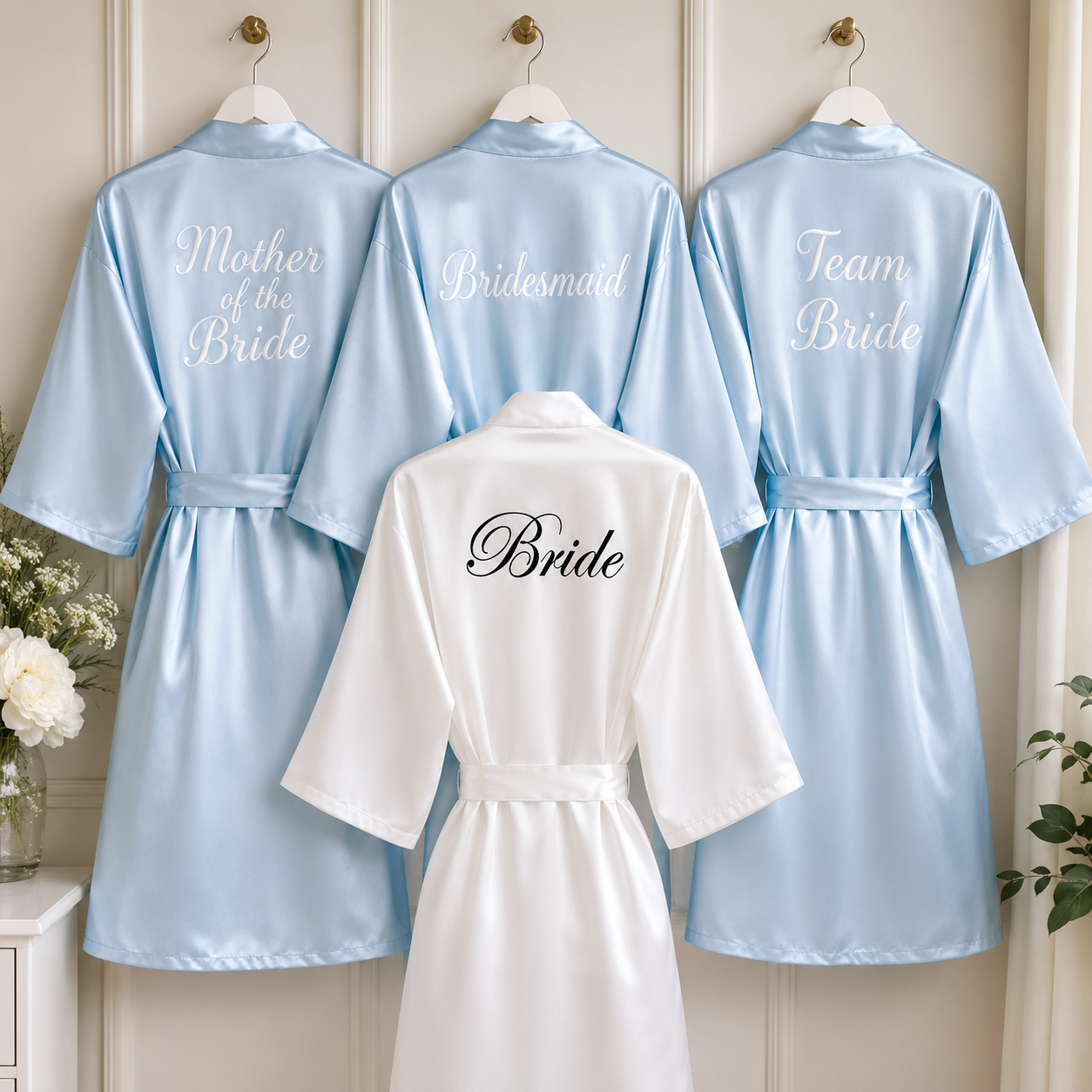 Set of satin robes with embroidered text on a wooden background