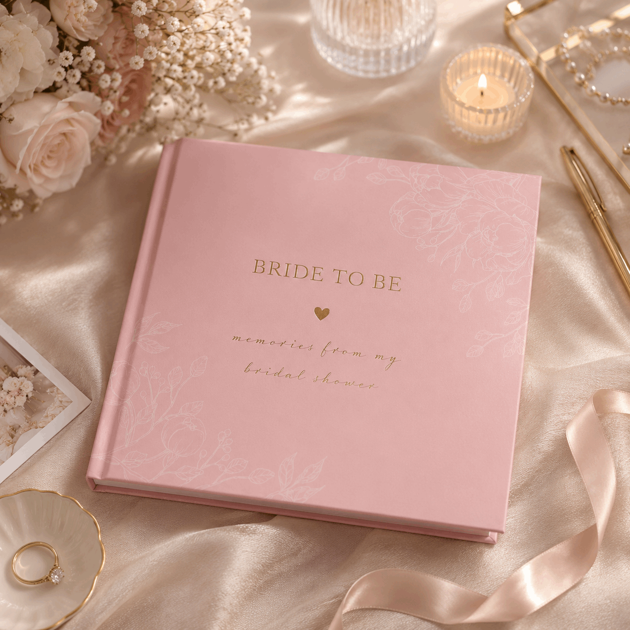 Pink 'Bride to Be' memory book on a decorative table with flowers and candles.