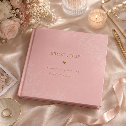Pink 'Bride to Be' memory book on a decorative table with flowers and candles.