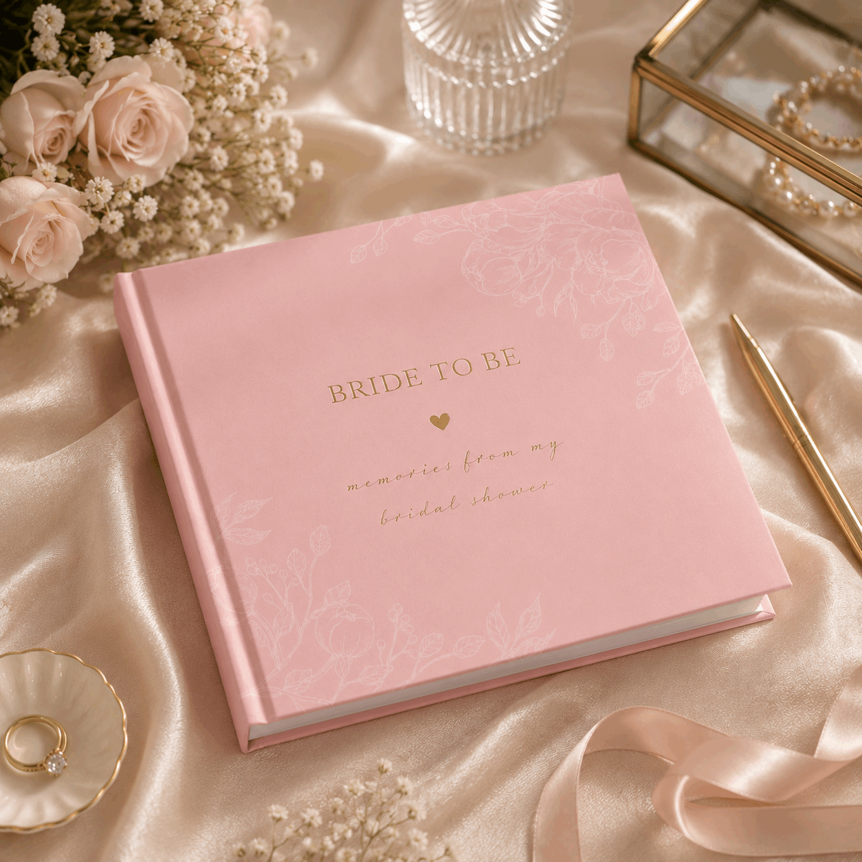Pink notebook titled 'Bride to Be' on a satin surface with flowers and jewelry.
