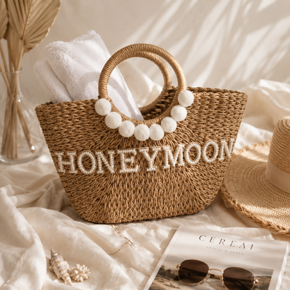 Woven bag with 'HONEYMOON' text on a light fabric background