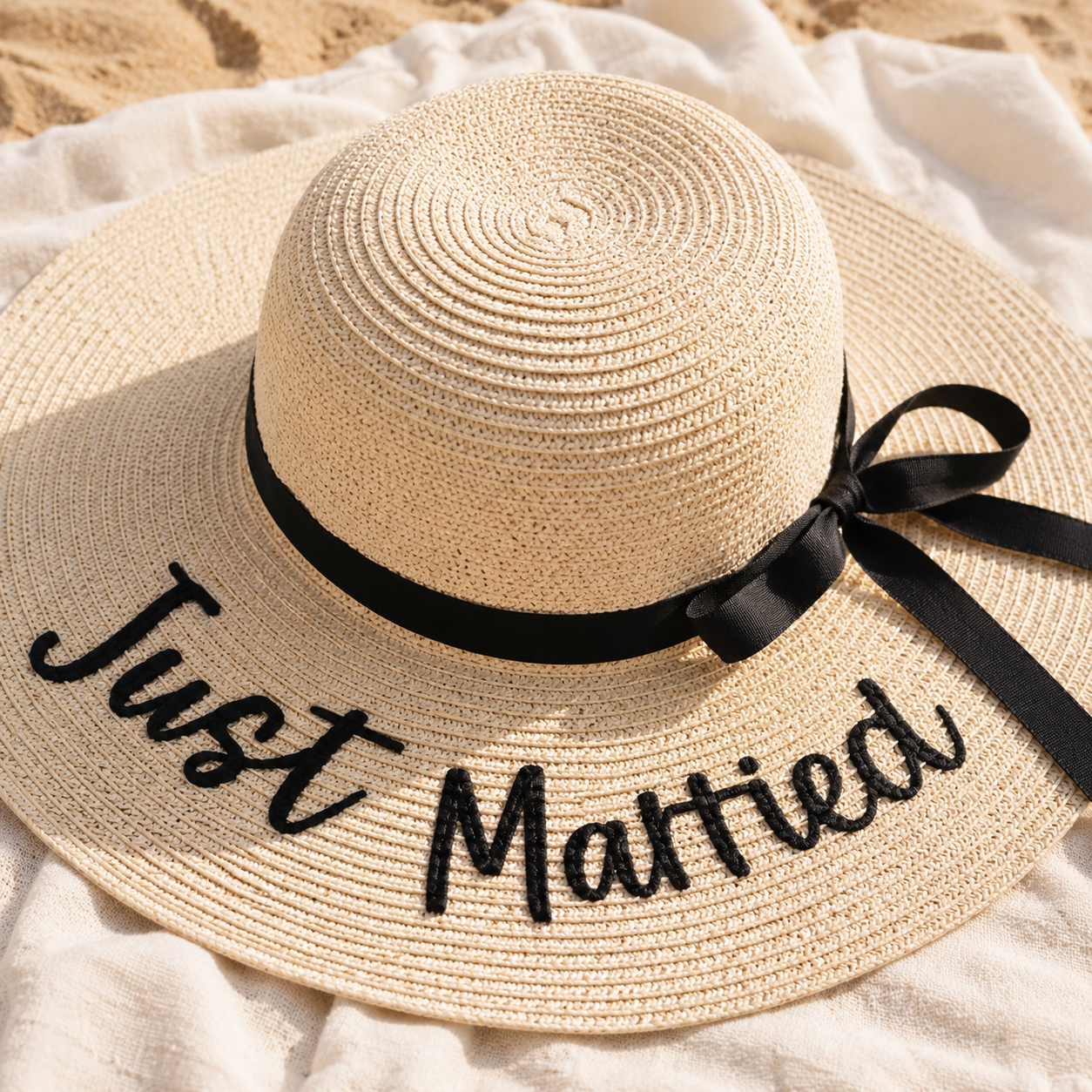 Beige straw hat with 'Just Married' text and black ribbon on a sandy background