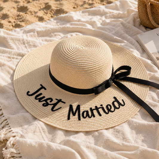 Beige straw hat with 'Just Married' text and black ribbon on a white blanket with sand background