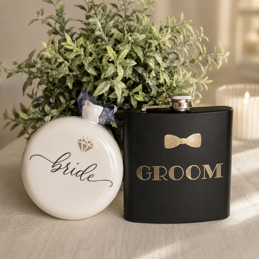 Flask labeled 'Groom' and 'Bride' with decorative elements on a neutral background