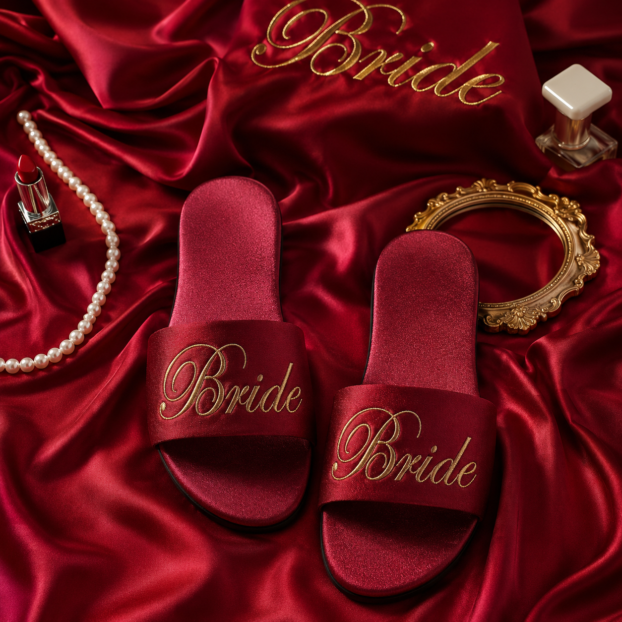 Red 'Bride' slippers on red satin fabric with gold accents.