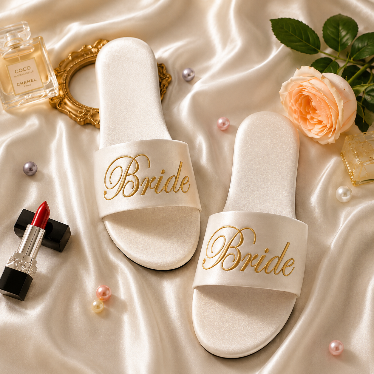 White 'Bride' slippers on a satin surface with a perfume bottle, lipstick, and flowers.