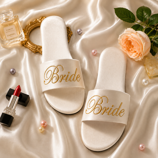 White 'Bride' slippers on a satin surface with a perfume bottle, lipstick, and flowers.