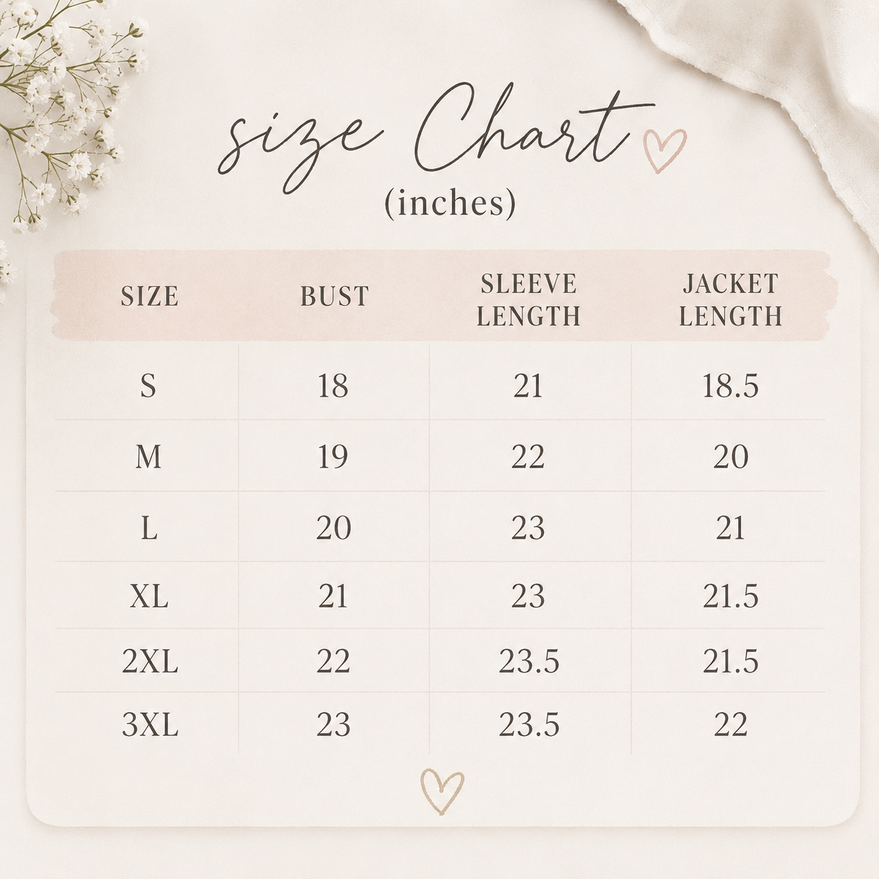 Size chart for clothing measurements in inches on a soft beige background with floral elements.