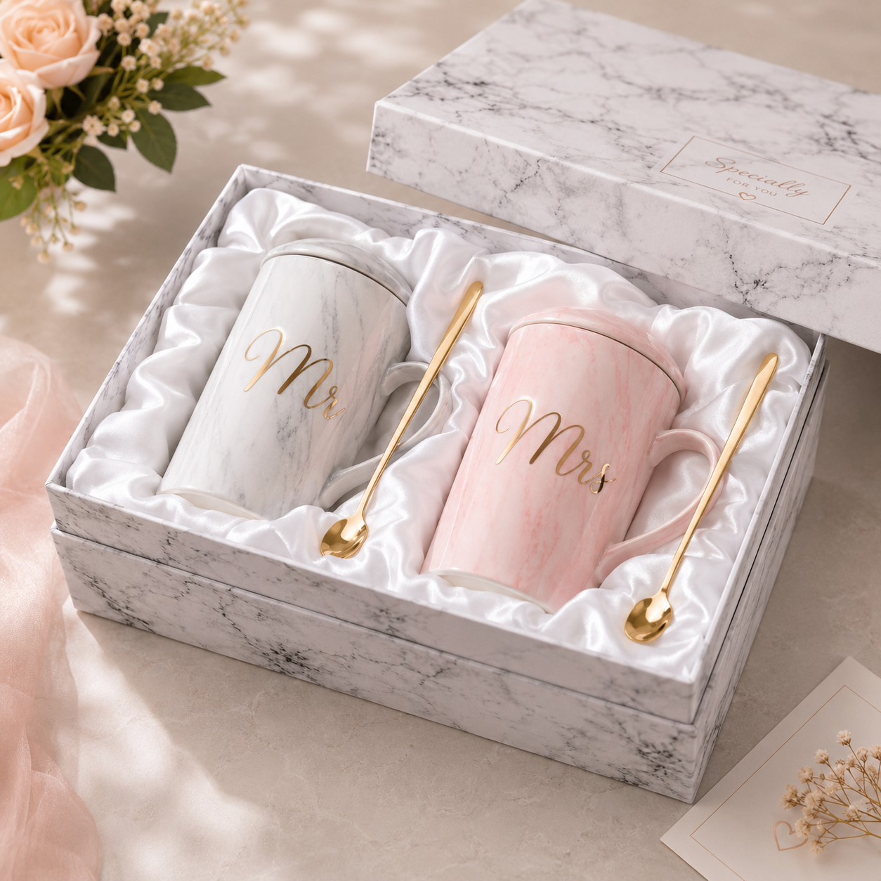 Two mugs with 'Mr' and 'Mrs' on a marble surface, accompanied by two gold spoons.
