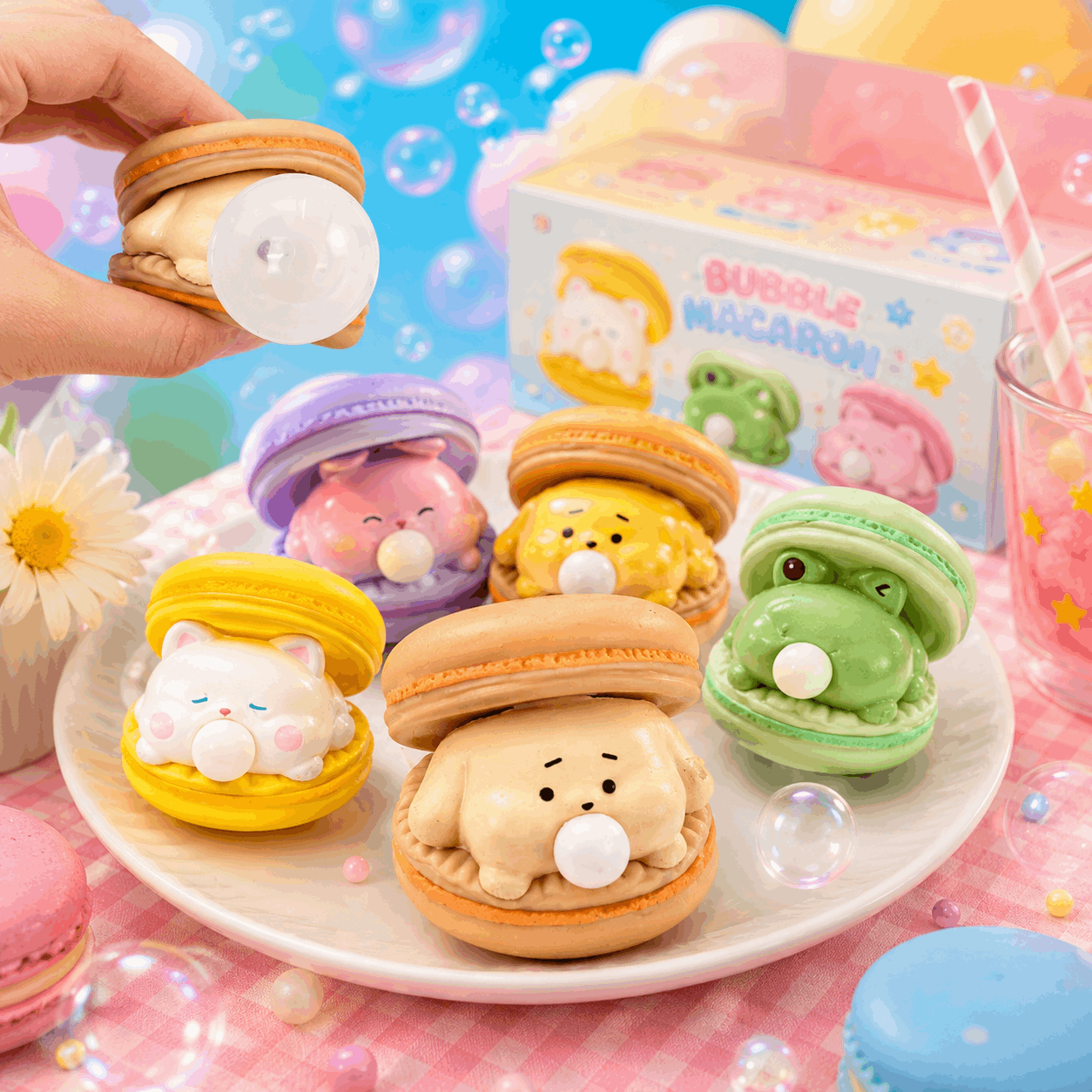 Colorful macaron-shaped toys with bubble designs on a plate, against a bright and playful background.