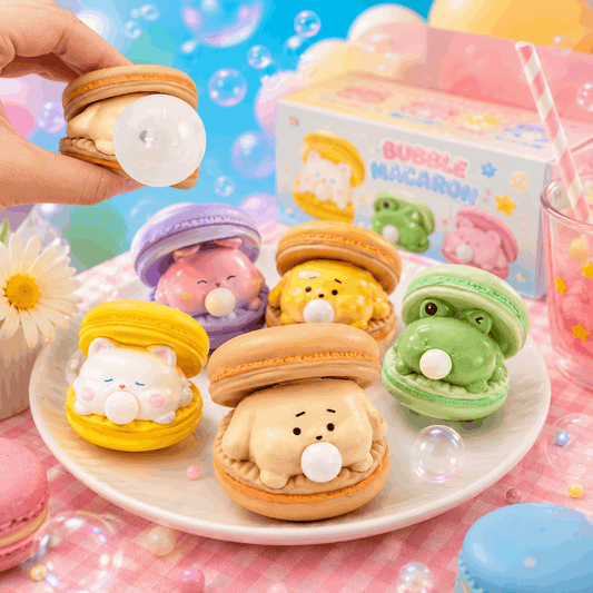 Colorful macaron-shaped toys with bubble designs on a plate, against a bright and playful background.