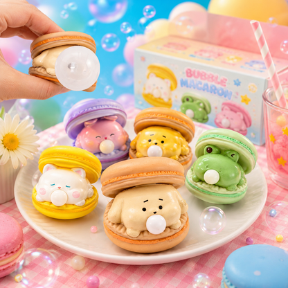 Colorful macaron-shaped toys with bubble designs on a plate, against a bright and playful background.
