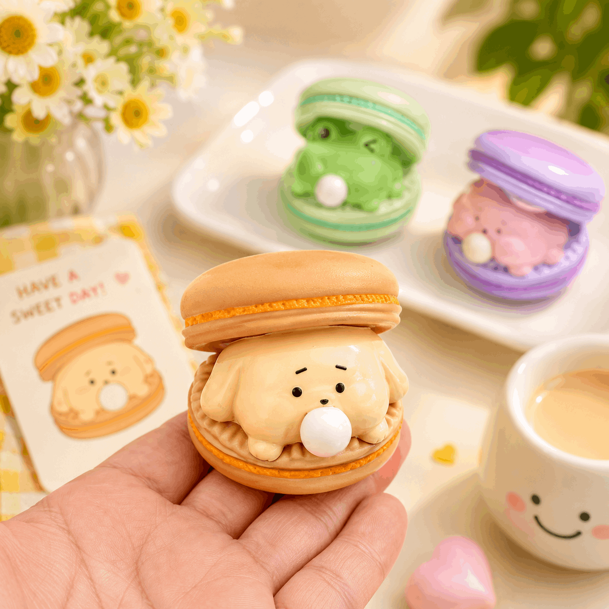 Kawaii-style macaron with a bear face held by a hand, with more macarons and a card in the background.