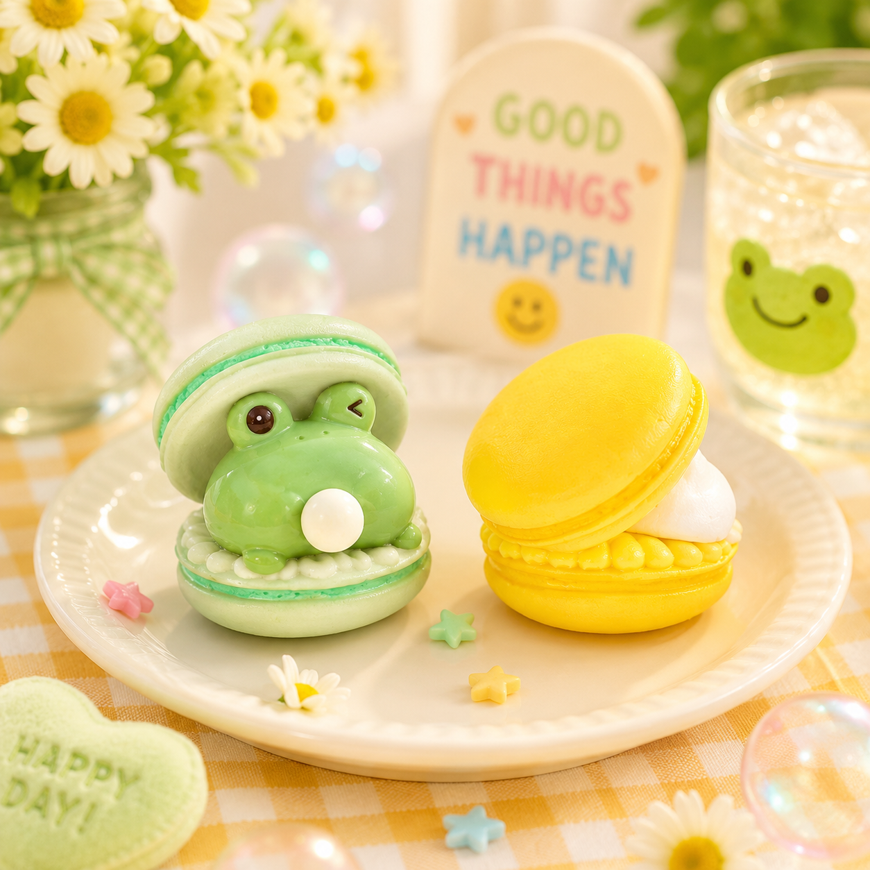 Two frog-shaped macarons on a plate with decorative elements and a 'Good Things Happen' sign in the background.