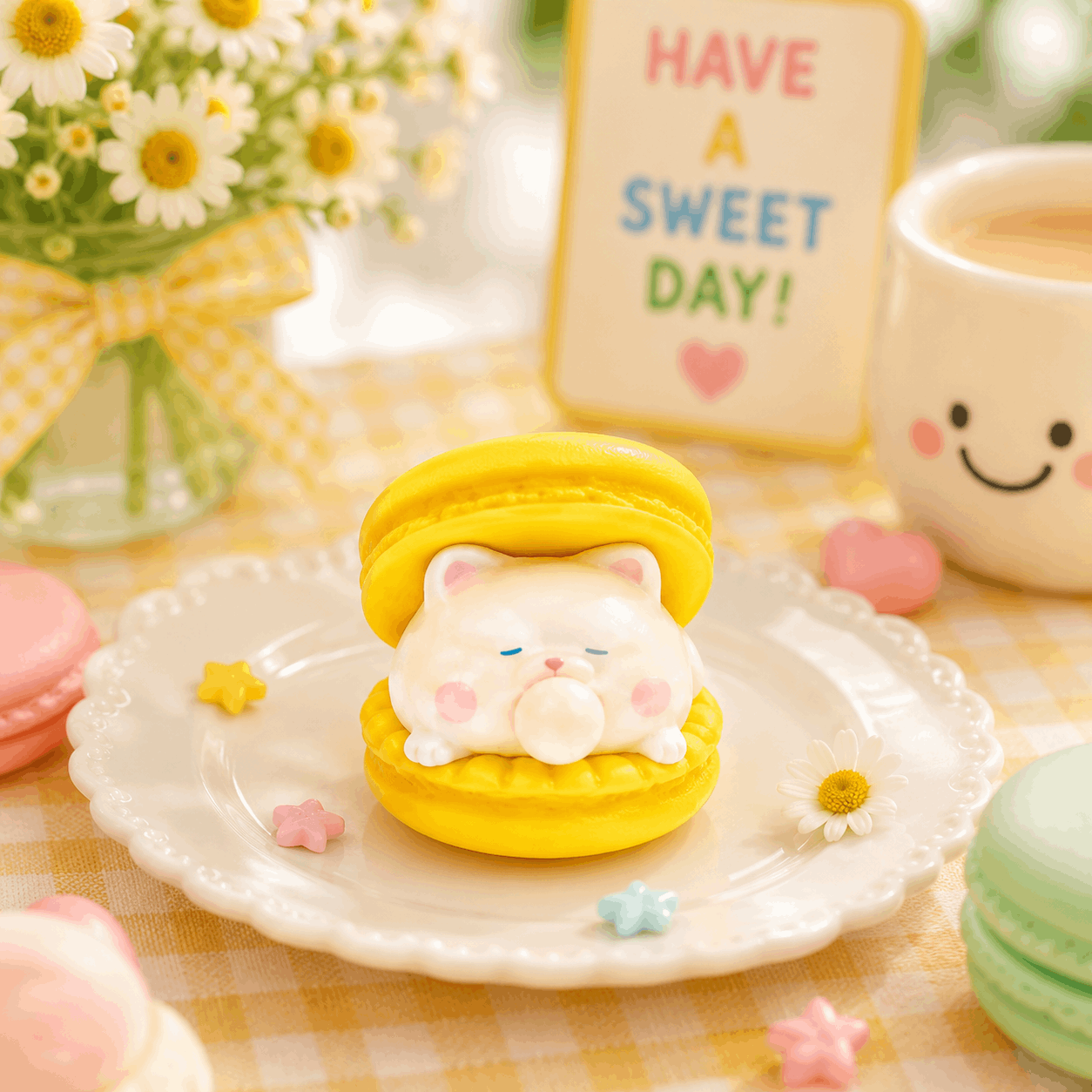 Cute yellow macaron with a cat design on a white plate, surrounded by flowers and a 'Have a Sweet Day!' sign.