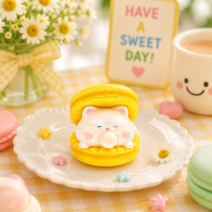 Cute yellow macaron with a cat design on a white plate, surrounded by flowers and a 'Have a Sweet Day!' sign.