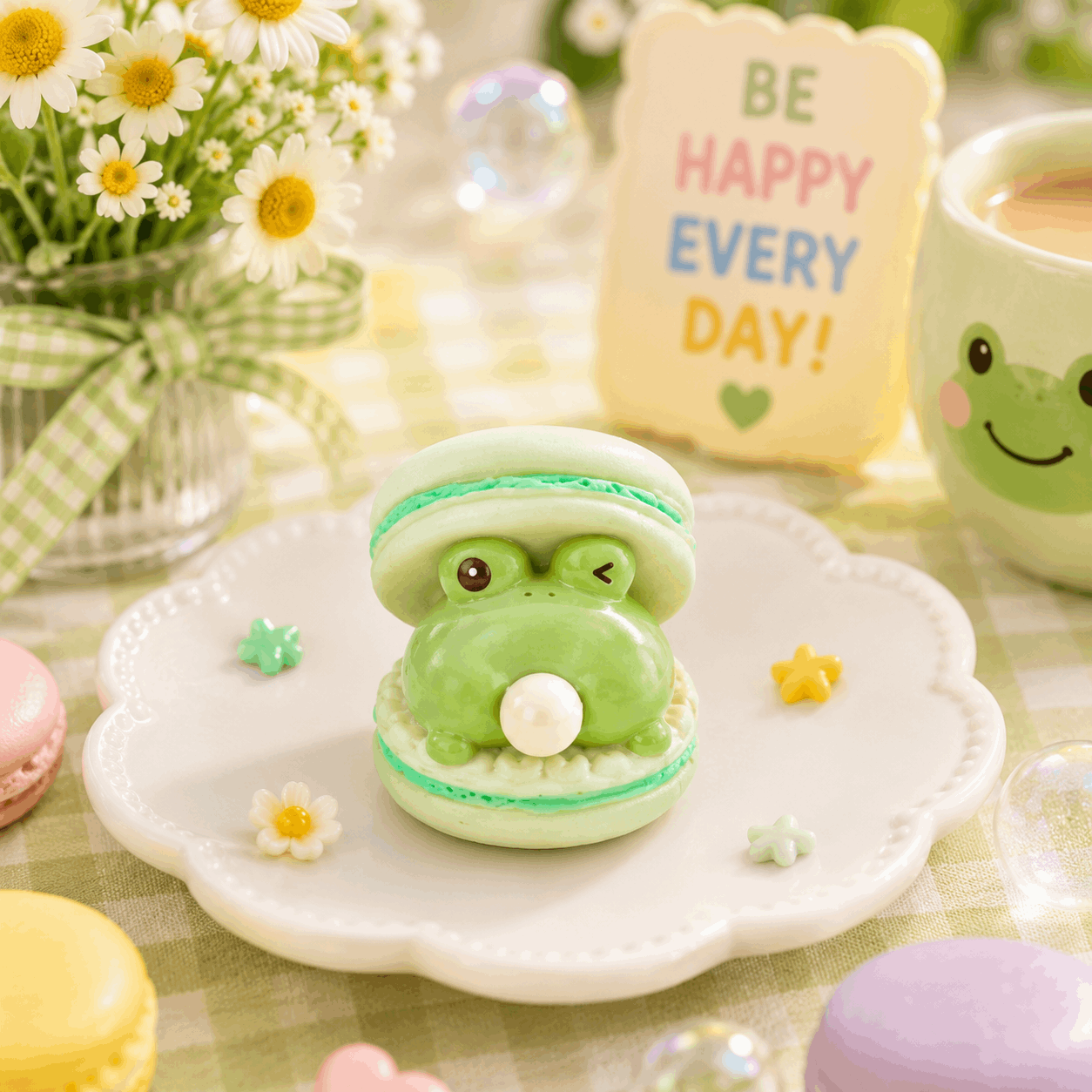 Green frog-shaped macaron on a white plate with flowers and a 'Be Happy Every Day' sign in the background.