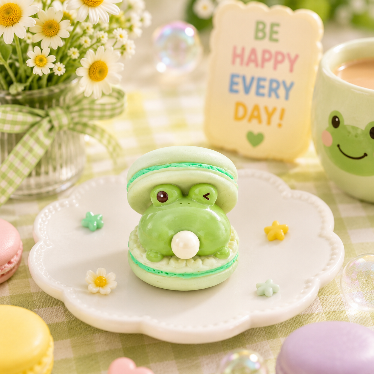 Green frog-shaped macaron on a white plate with flowers and a 'Be Happy Every Day' sign in the background.