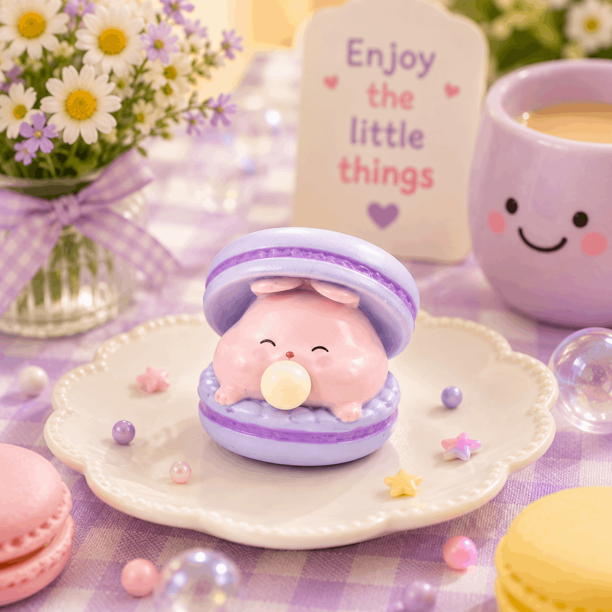 Cute pink character in a purple shell on a decorative plate with flowers and a cup in the background.