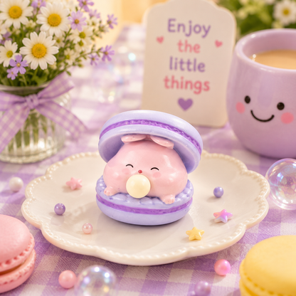 Cute pink character in a purple shell on a decorative plate with flowers and a cup in the background.
