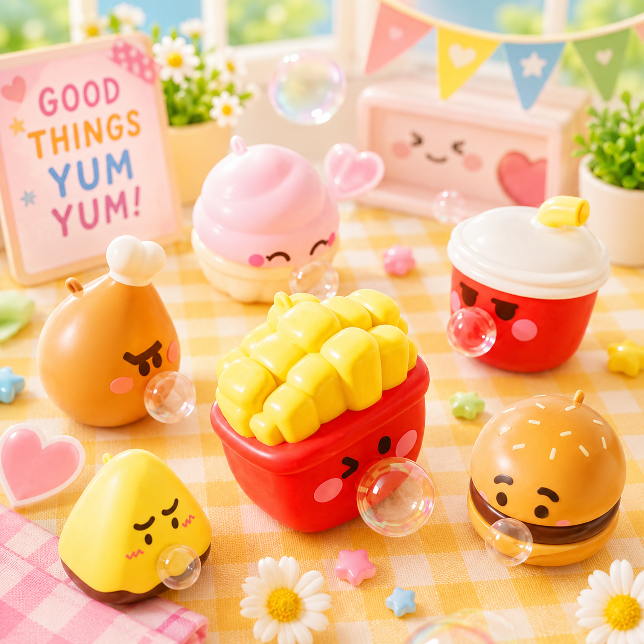 Set of cute, cartoon-style food-themed items on a checkered tablecloth with decorative elements.