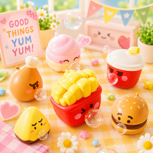 Set of cute, cartoon-style food-themed items on a checkered tablecloth with decorative elements.