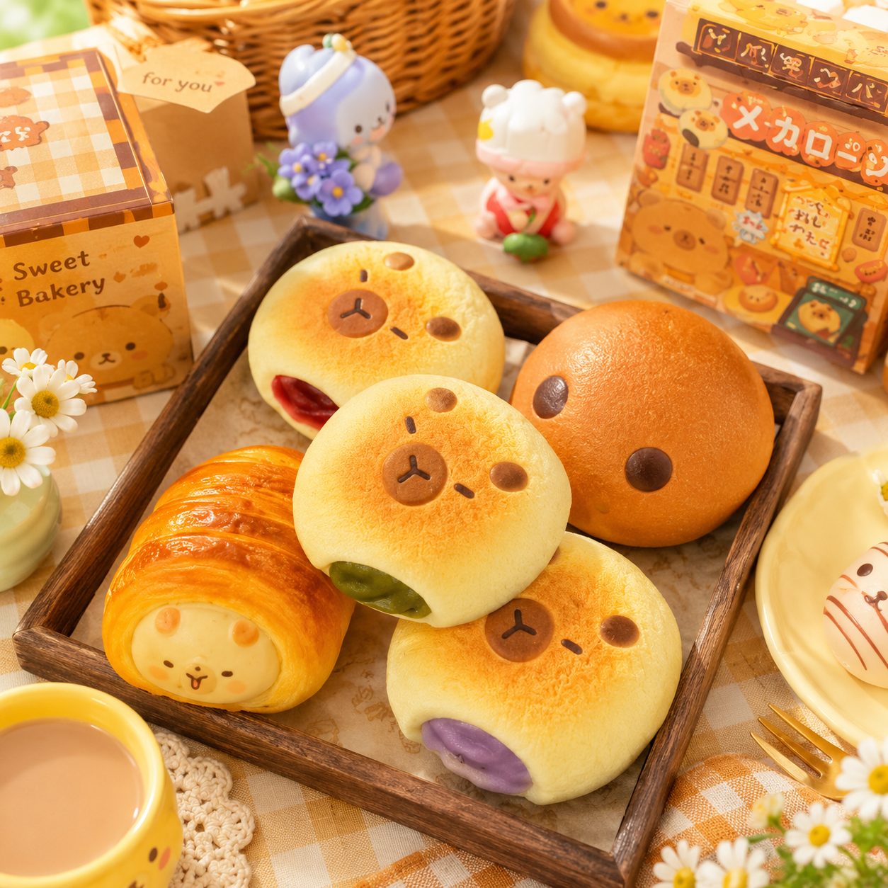 Baked goods with bear faces on a wooden tray, surrounded by decorative items and a cup of coffee.