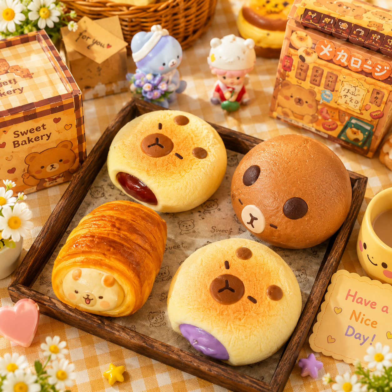 Cute bread rolls with bear faces on a checkered tablecloth with decorative items.