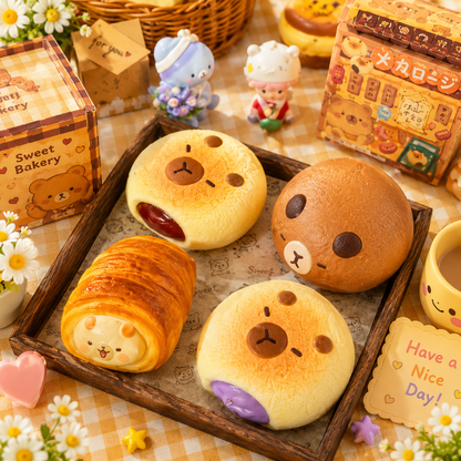 Cute bread rolls with bear faces on a checkered tablecloth with decorative items.