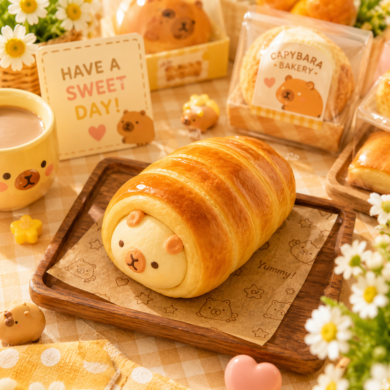 Cute bear-shaped bread on a wooden tray with a 'Have a Sweet Day!' card and Capybara Bakery packaging in the background.
