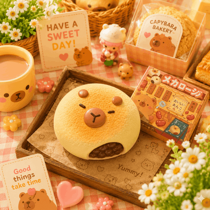 Cute bear-themed baked good on a checkered tablecloth with related items.