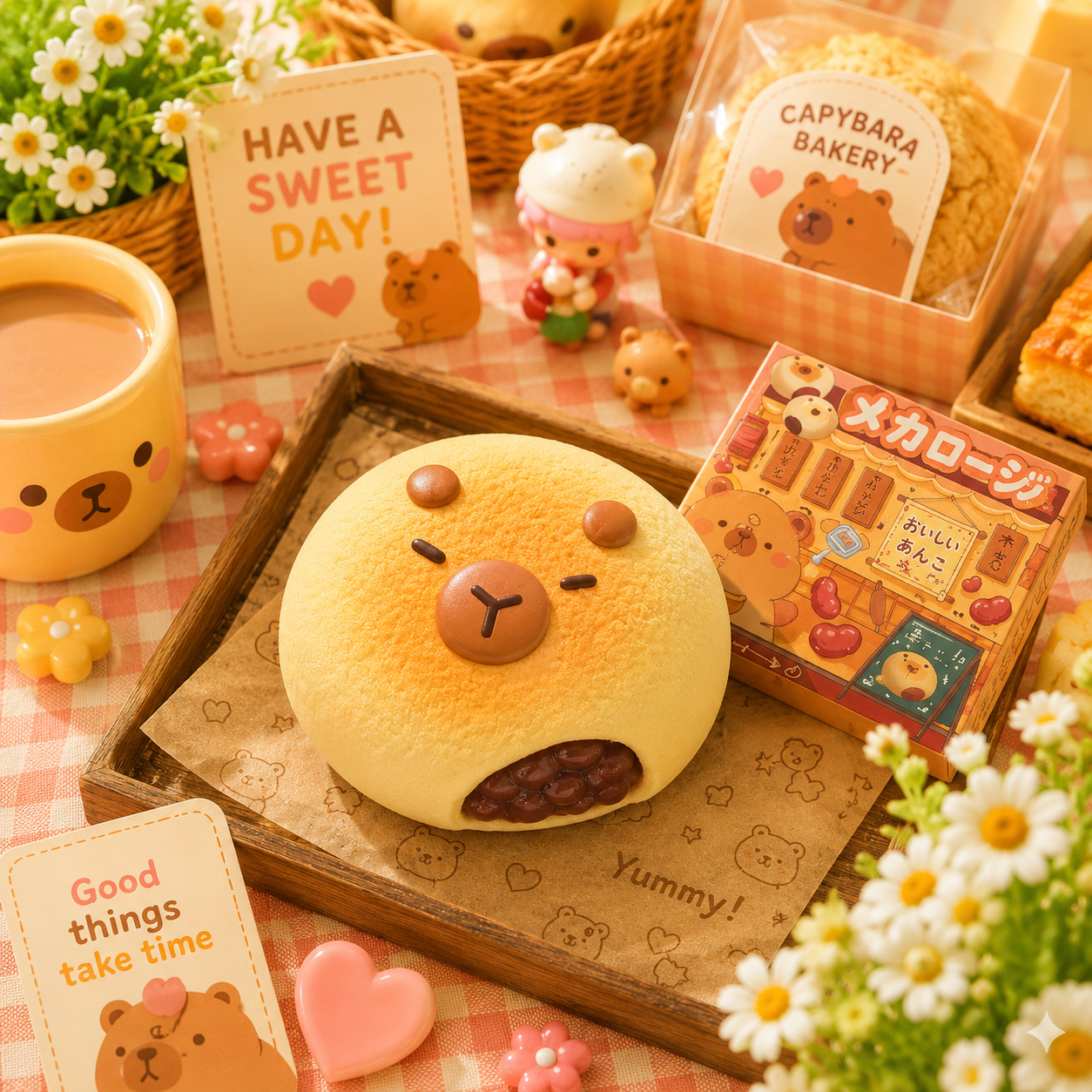 Cute bear-themed baked good on a checkered tablecloth with related items.