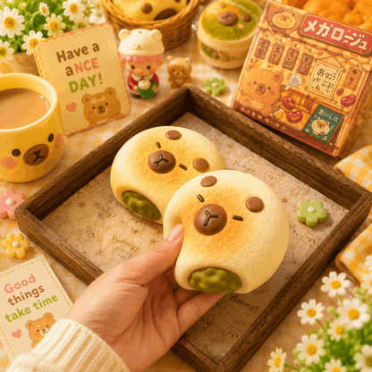Two cute bread rolls with faces held by a hand on a wooden tray, surrounded by decorative items.
