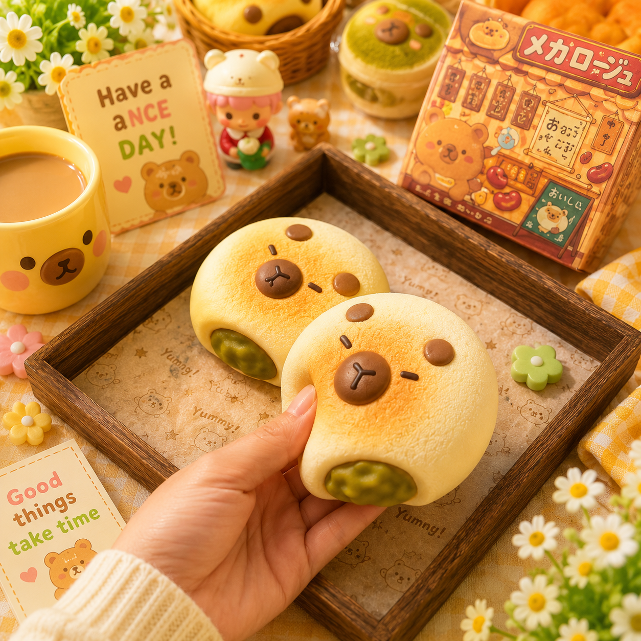 Two cute bread rolls with faces held by a hand on a wooden tray, surrounded by decorative items.