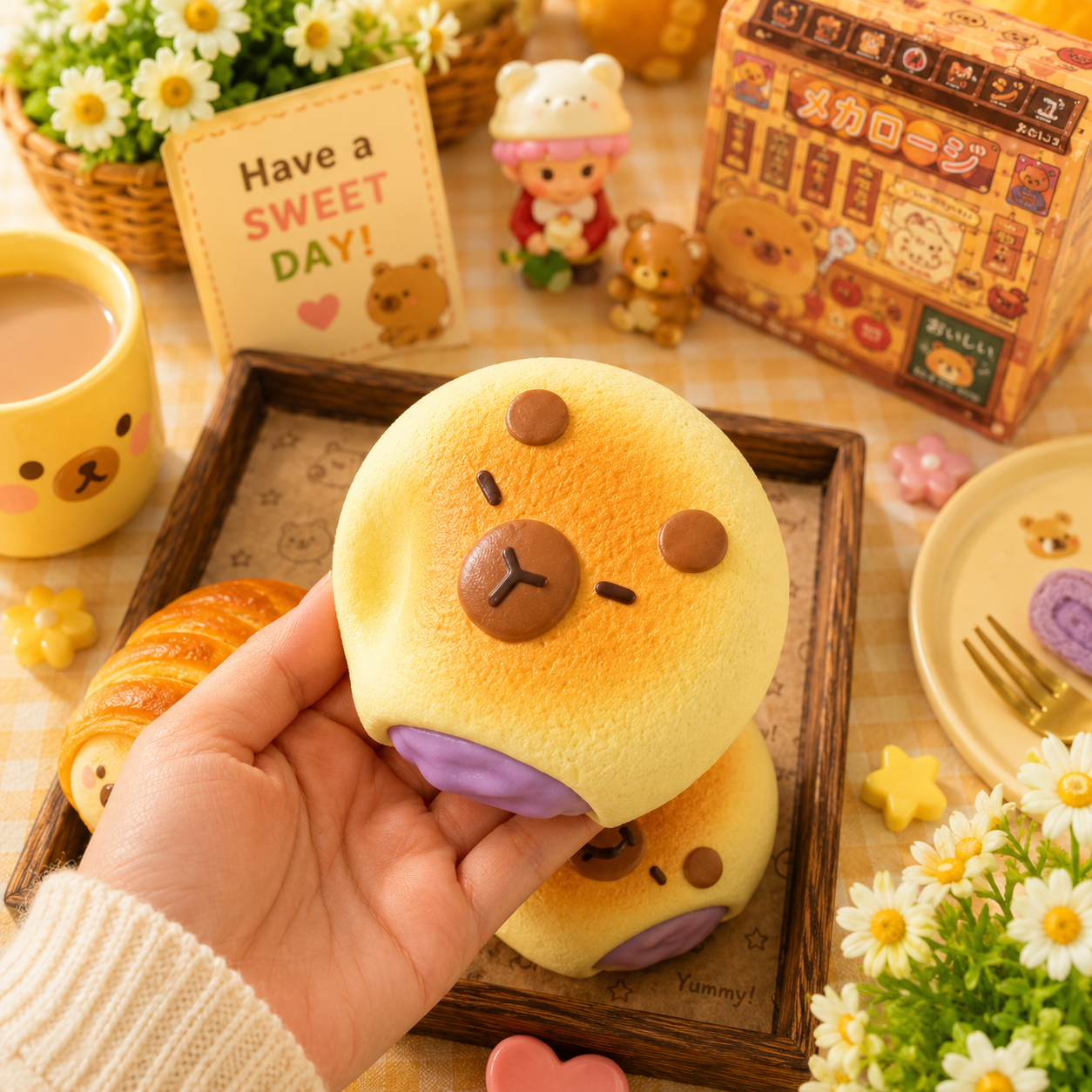 Hand holding a cute yellow bear-shaped bread with a 'Have a Sweet Day!' sign in the background