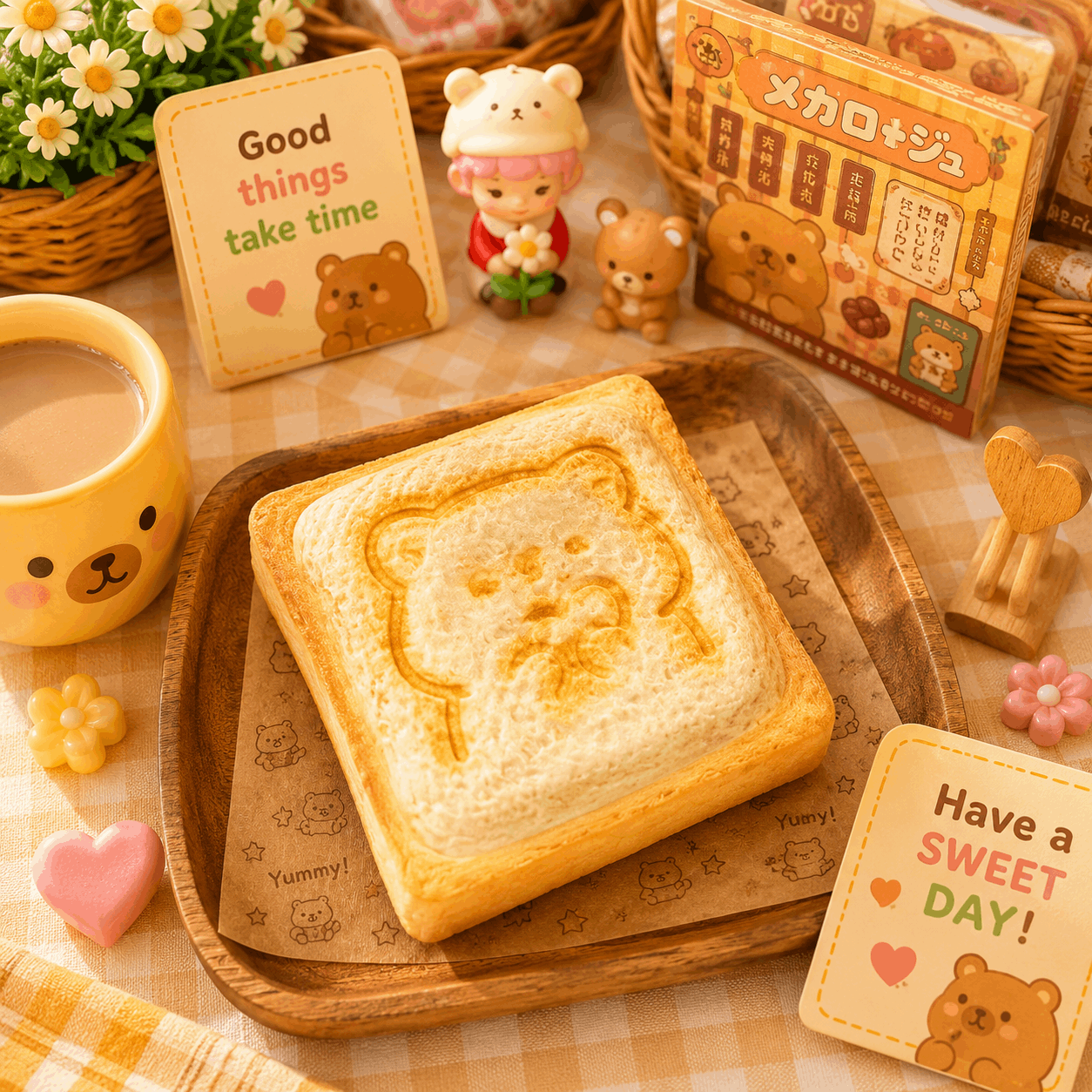 Toast with bear design on a wooden tray, surrounded by cute decor items.