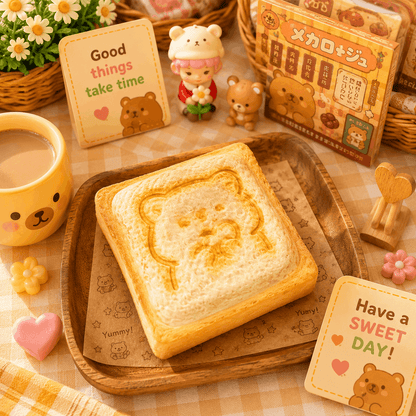 Toast with bear design on a wooden tray, surrounded by cute decor items.
