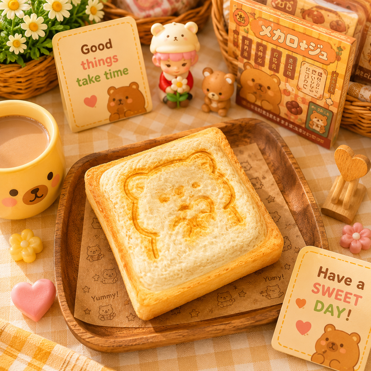 Toast with bear design on a wooden tray, surrounded by cute decor items.