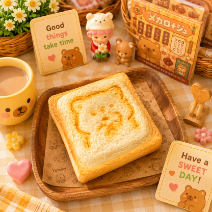 Toast with bear design on a wooden tray, surrounded by cute decor items.