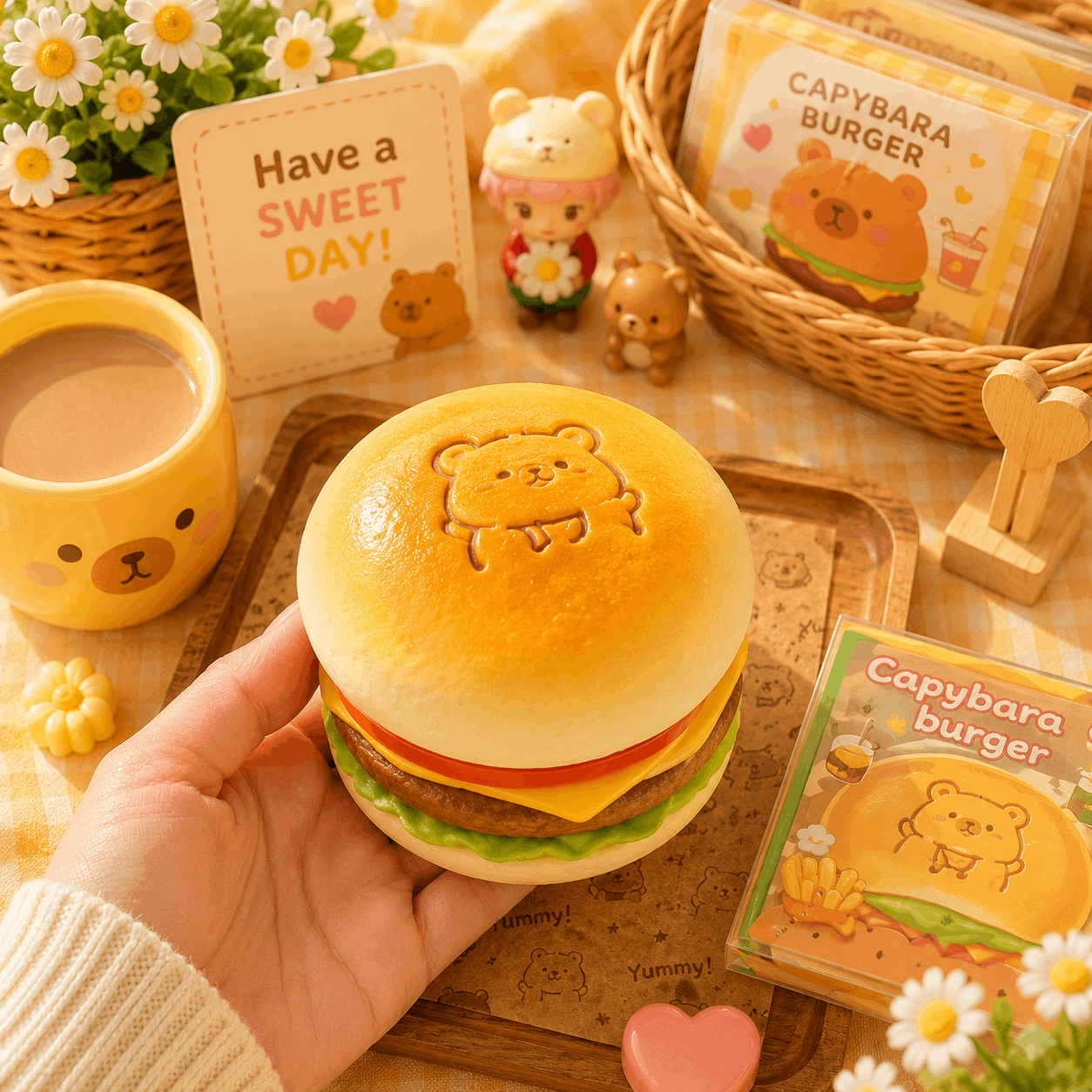 Cute capybara-themed burger held by a hand on a decorative table with related items.