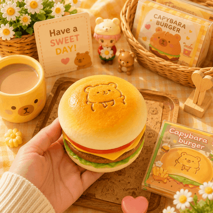 Cute capybara-themed burger held by a hand on a decorative table with related items.
