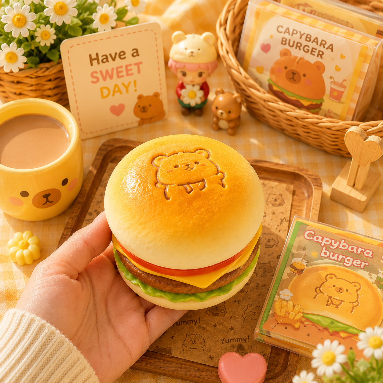 Cute capybara-themed burger held by a hand on a decorative table with related items.