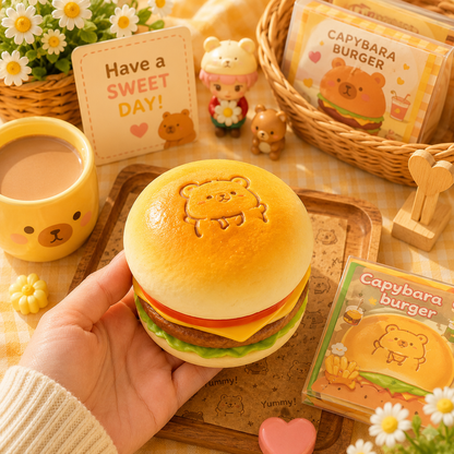 Cute capybara-themed burger held by a hand on a decorative table with related items.